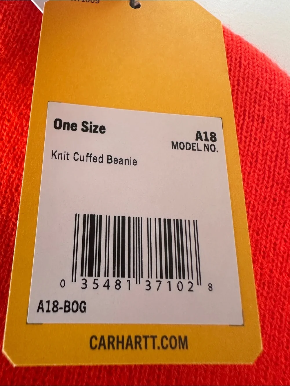 Carhartt A18 Knit Cuffed Beanie Bright Orange One Size NWT